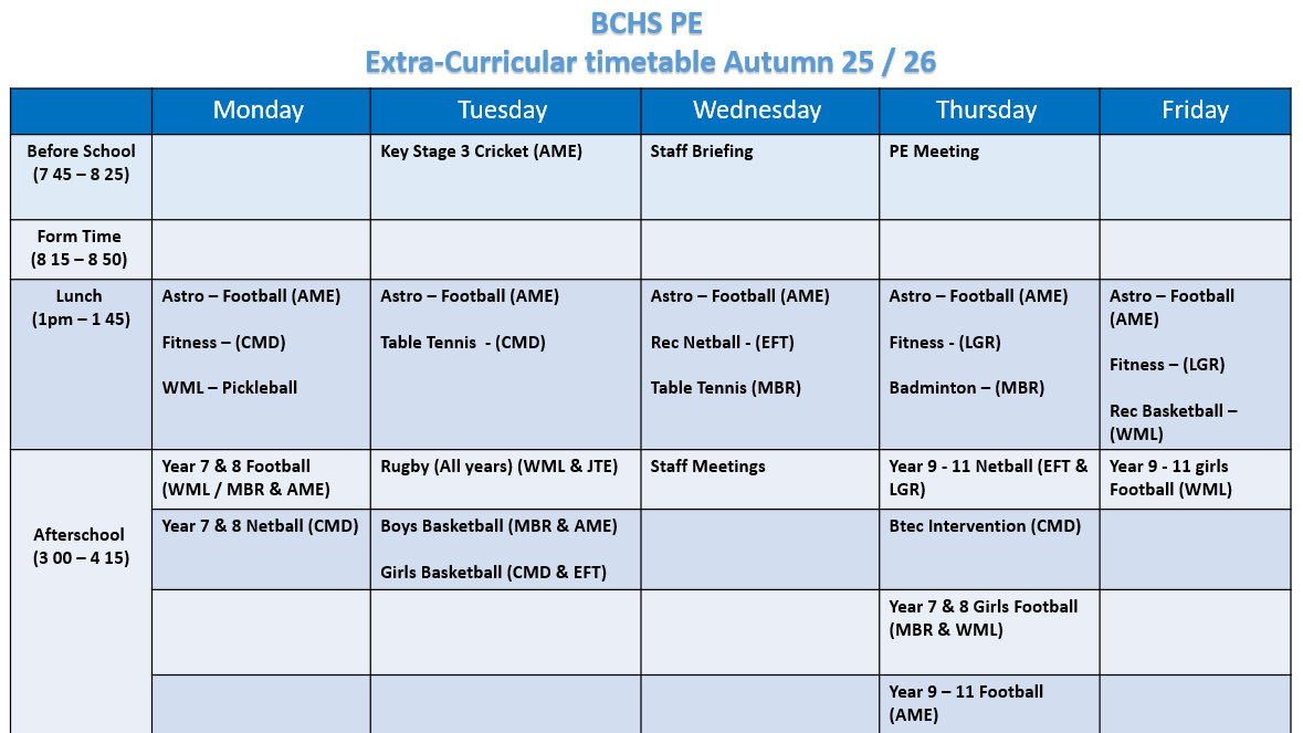 PE Extra Curricular Timetable 2025